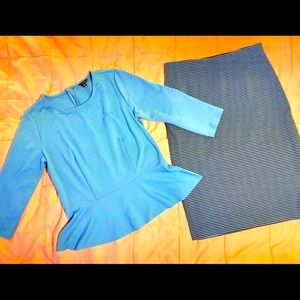 Like new size 8 sky blue and black Ann Taylor stretch skirt and peplum top set